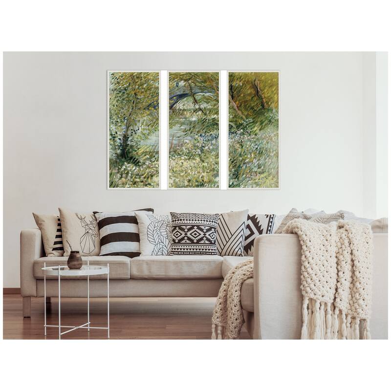 Kate and Laurel Vincent van Gogh River Bank in Springtime 1887 3 Piece Framed Canvas Wall Art Set by Nostalgia Prints