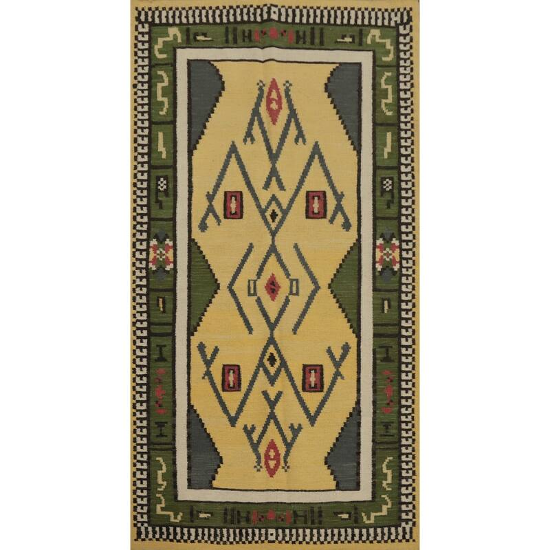 Hand Woven Oriental 100% Wool Carpet Southwestern Tribal Yellow & Gold Kilim Area Rug - 6' 7'' X 3' 8''
