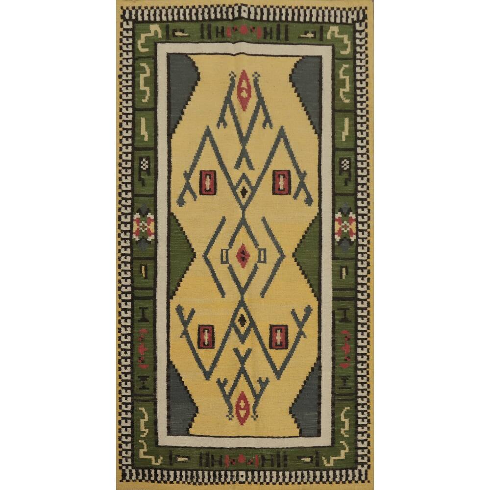 Hand Woven Oriental 100% Wool Carpet Southwestern Tribal Yellow & Gold Kilim Area Rug - 6' 7'' X 3' 8''
