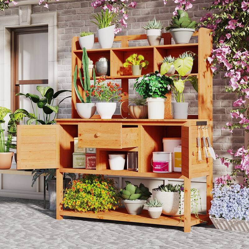 Solid Fir Wood Potting Bench Garden Workstation with Hutch, Drawer & Adjustable Shelves, Outdoor Garden Work Table