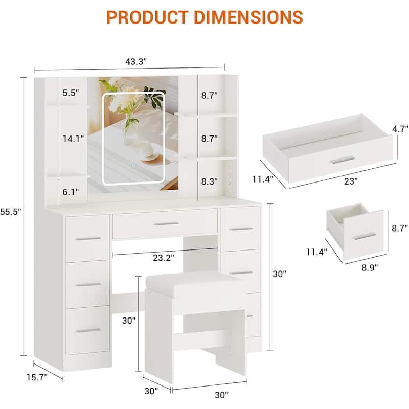 7 Drawers Vanity Desk, Makeup Vanity Table with Touch LED Light Mirror