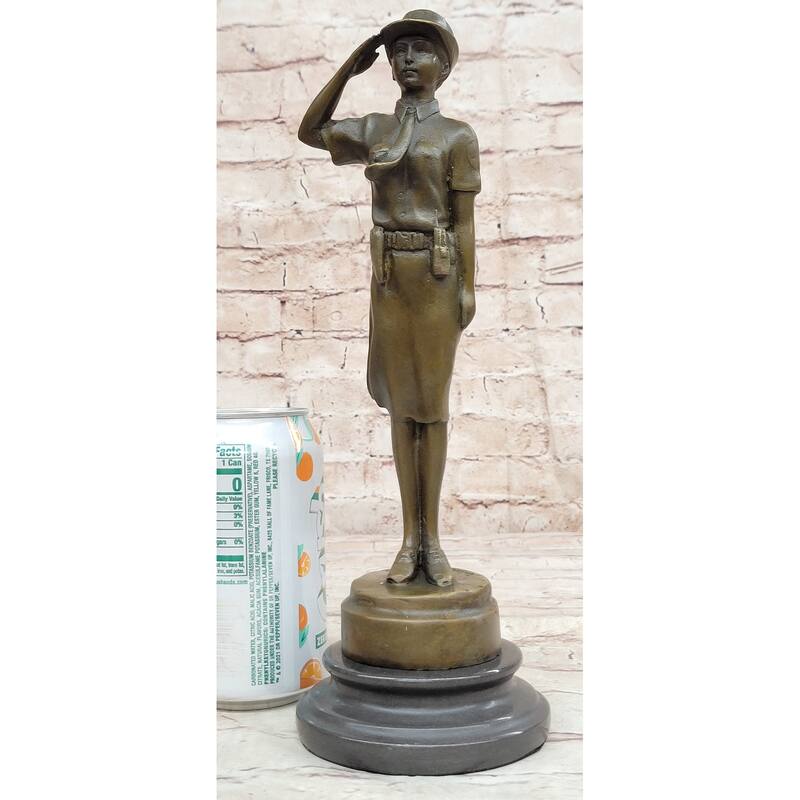 Hot Cast Bronze Figure Sculpture Female Cadet Soldier Officer On Marble Base