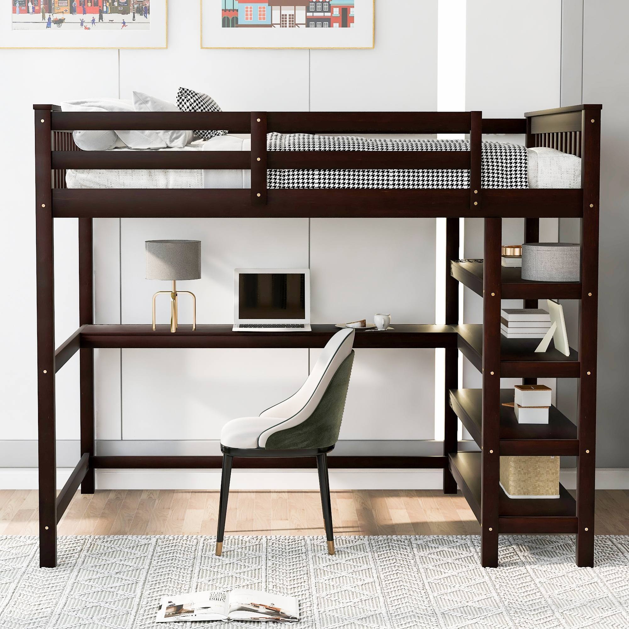 Twin/Full Size Loft Bed with Shelves and Integrated Desk