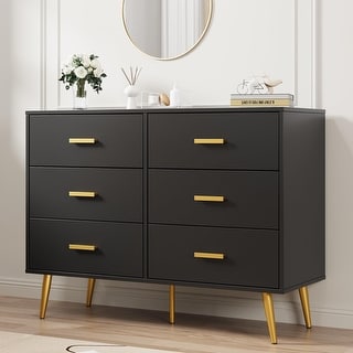 6 Drawer Dresser with Storage Space, Modern Wooden Dresser with Gold Handles