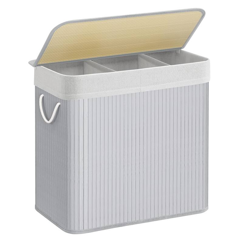 Laundry Hamper, 39.6 Gallons (150L),3-Section Laundry Basket, Laundry Hamper with Lid, Bamboo,Removable & Machine Washable Liner - Grey