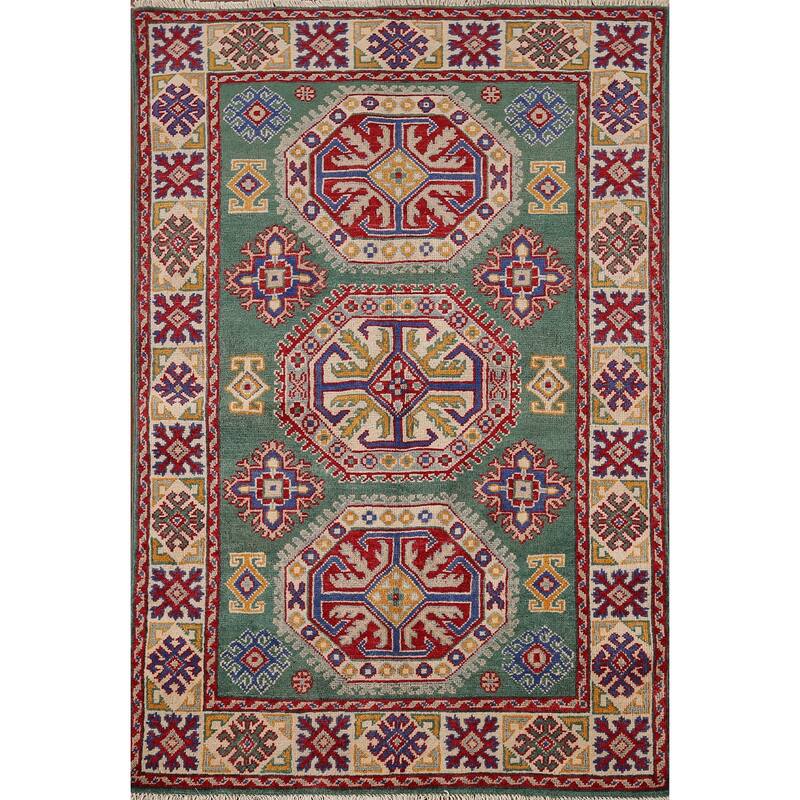 Traditional Green Kazak Accent Rug Hand-Knotted Wool Carpet - 3'5" x 4'11"