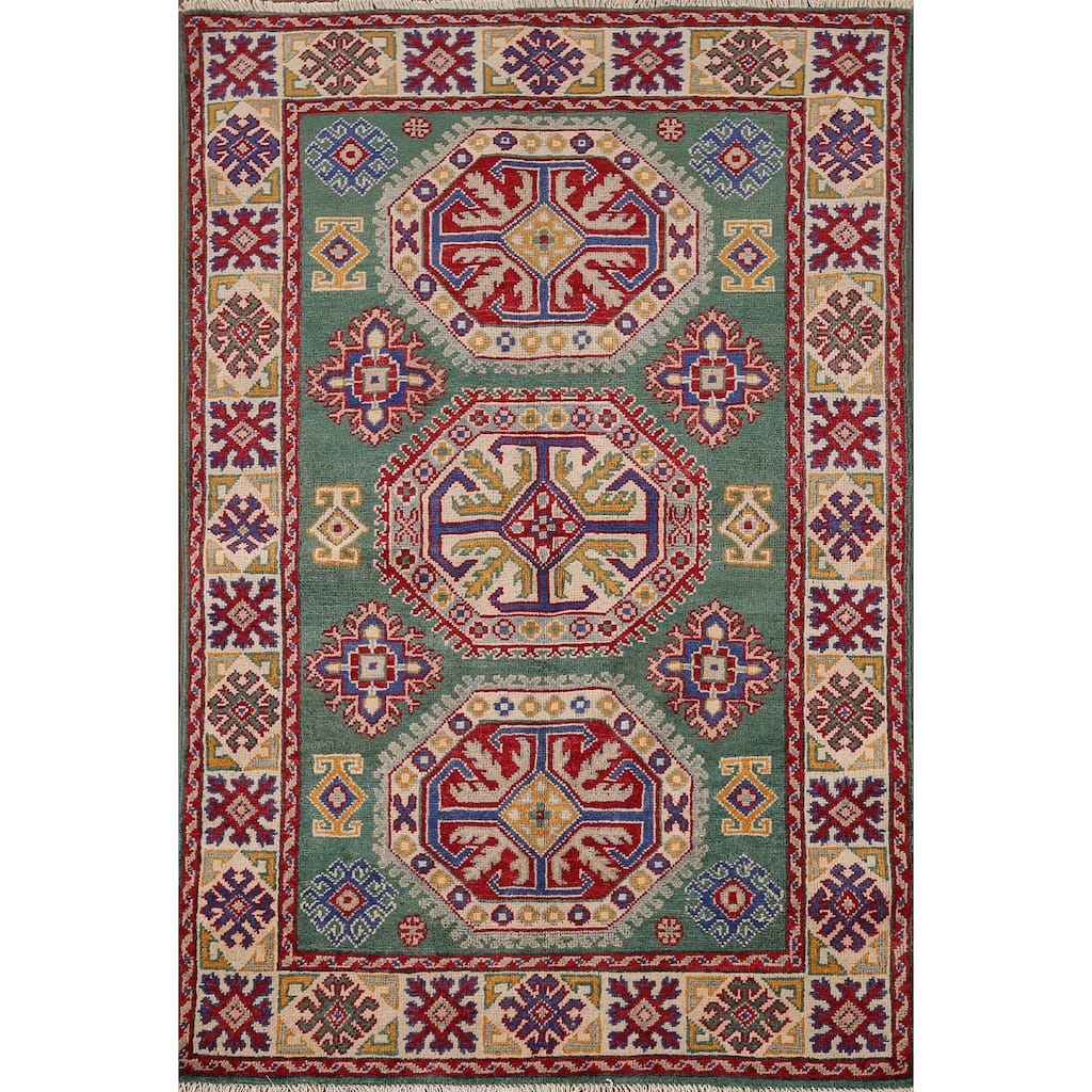 Traditional Green Kazak Accent Rug Hand-Knotted Wool Carpet - 3'5" x 4'11"