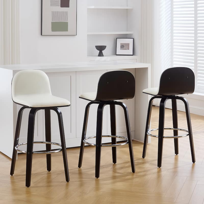 Faux Leather Upholstered Swivel Counter/ Bar Stools with Wood Frame - Set of 3 - Cream - Bar Height