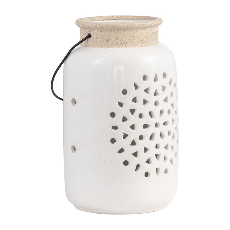 Sagebrook Home Artisan Lantern, Elegant Ceramic Design, Home Accent - Cut-out Ivory/beige - 5" x 5" x 9"