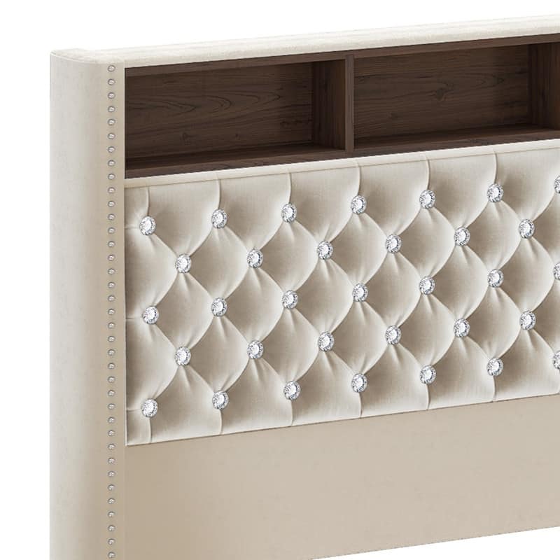 Moasis King/Queen Size Velvet Upholstered Bed Frame with Storage Headboard with USB Charging Stations