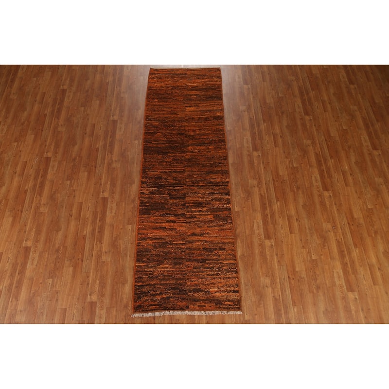 Hand Knotted Oriental 100% Wool Carpet Tribal Stripe Oranges & Rust Moroccan Runner Rug - 9' 7'' X 3' 0''
