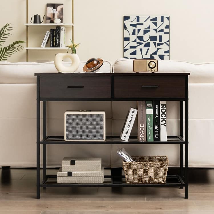 39.5 Inch Entryway Table with 2 Drawers and 2-Tier Shelves - 39.5" x 12" x 32" (L x W x H)