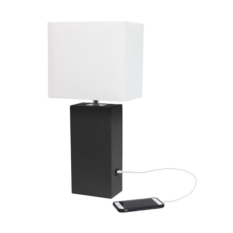 Elegant Designs 21" Modern Leather Wrapped Table Lamp with USB Port, With LED Bulb