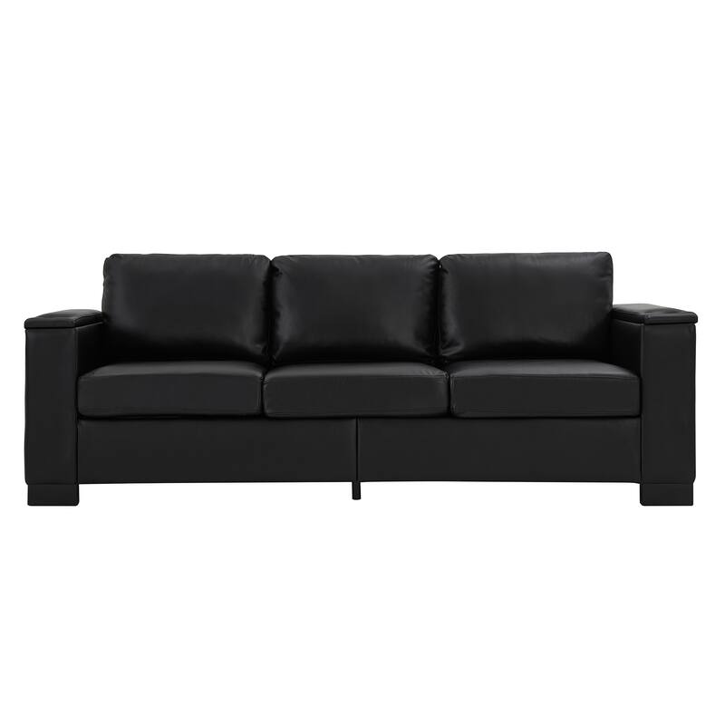 Faux Leather Upholstered Loveseat, Oversized 3 Seater Sofa with Square Arms, Deep Seat Sofa with Cup Holder & Storage