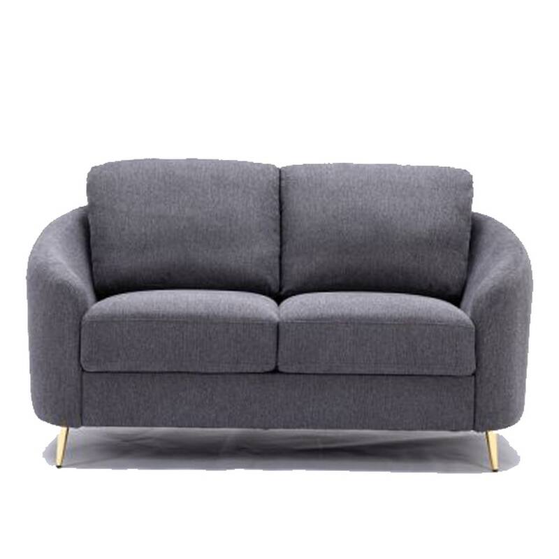 Nial 60 Inch Loveseat, Linen Upholstery, Pine Wood, Smooth Gray, Gold Legs