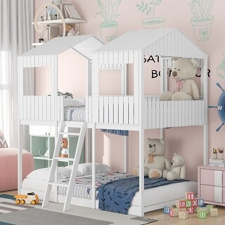 Full Over Full Wood Bunk Bed with Ladder and Guardrail