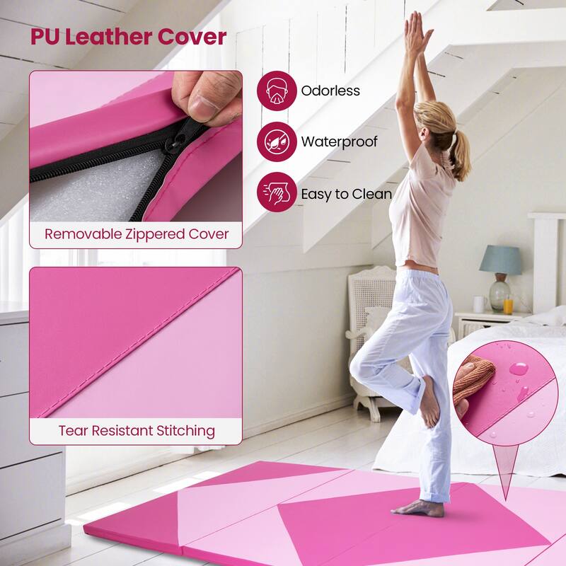 4-Panel Foldable Gymnastics Mat with Shock Absorbing Foam and Hook Loop Secure Connection - 120" x 48" x 2"