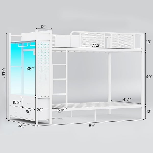 dimension image slide 0 of 2, Metal Bunk Bed Twin Over Twin with Hall Tree 4 Storage Drawers