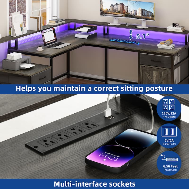 Moasis 63" Corner L Shaped LED Computer Desk with Drawers & Power Outlets