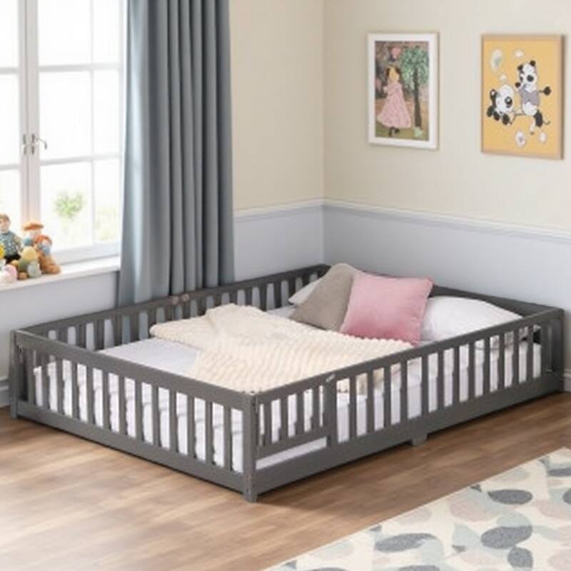Full Size Floor Bed with Safety Guardrails & Door, Solid Pine Wood Platform Frame for Children, Low Profile Design - Gray
