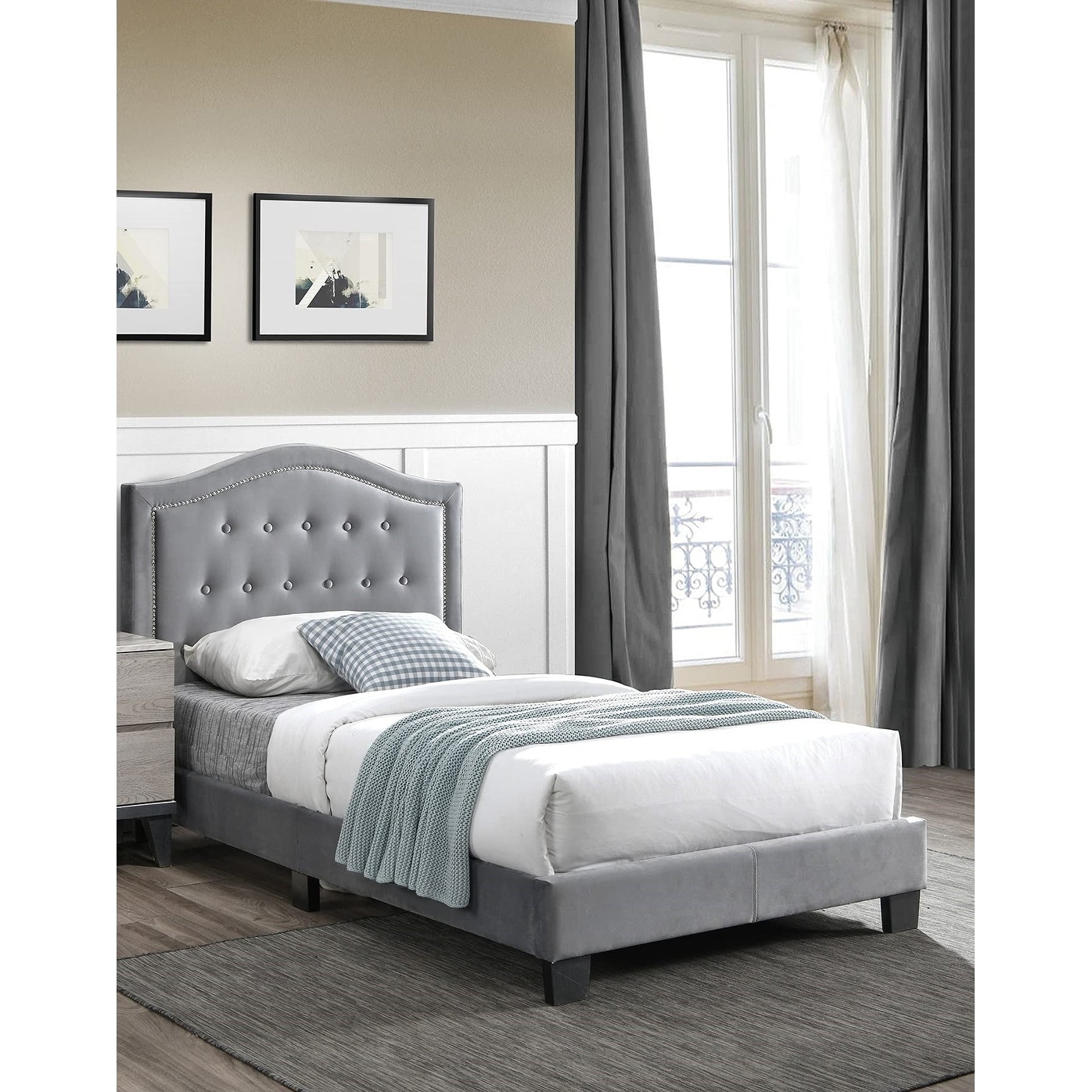 Transitional Style 1pc bed Set Nailhead Trim Tapered Legs Gray Finish