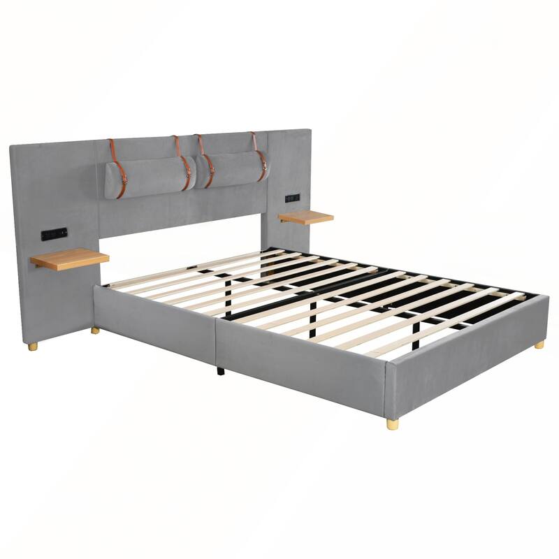 Queen Upholstered Platform Bed with Two Outlets and USB Charging Ports on Both Sides