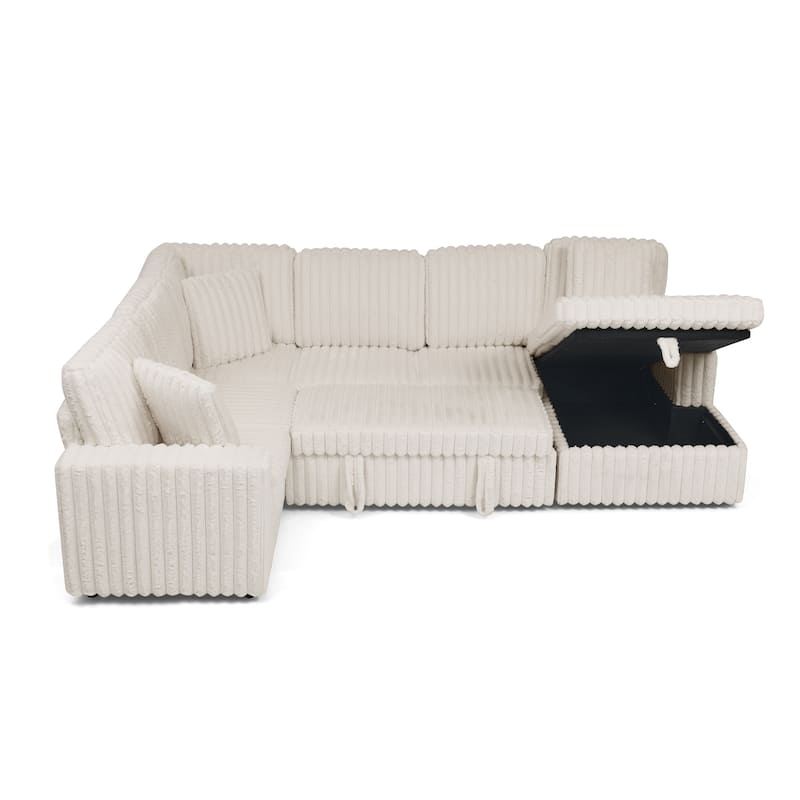Corduroy Upholstered Reclining Sofa U-shaped Sleeper Sectional Couch with Pull Out Bed, Storage Chaise and Adjustable Backrests