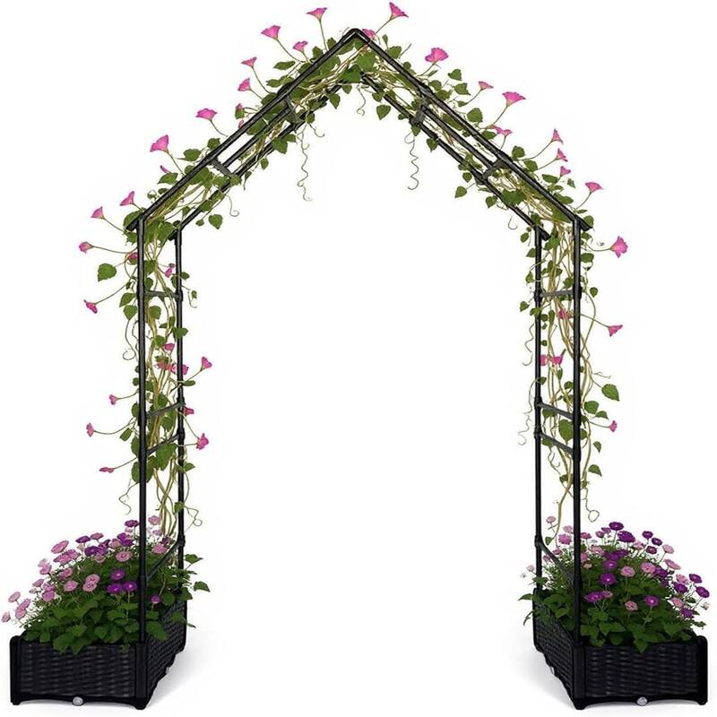 94-inch Outdoor Garden Arch Trellis with 2 Planter Boxes - Metal Arbor for Climbing Plants Wedding Decor and Backyard - Black