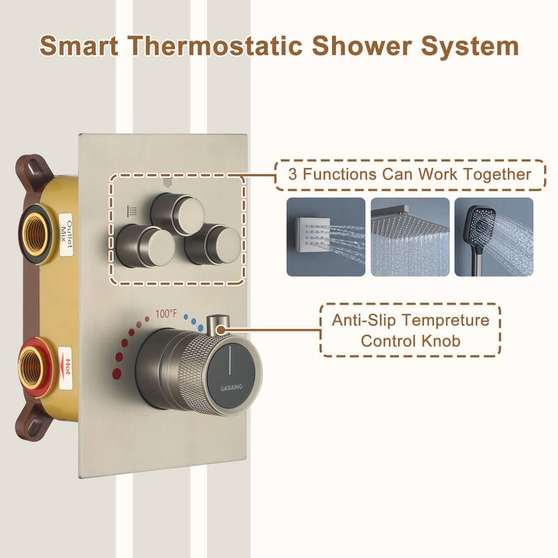 Wall Mount 12 Inch Rainfall Shower Head 3 Function Thermostatic Shower System with 6 Body Jets