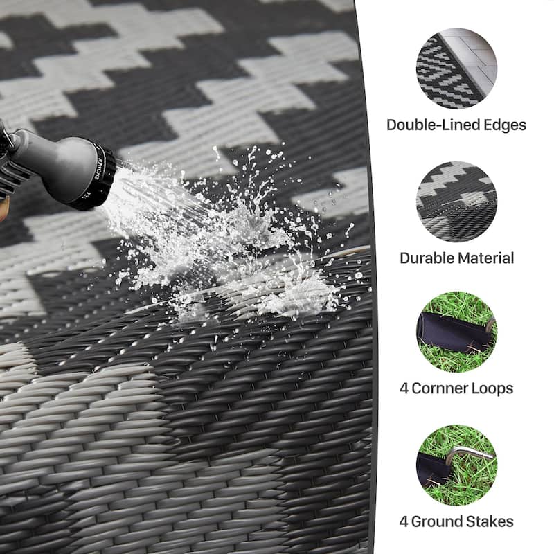 Reversible Charcoal Geometric Flat-Weave Recyclable Outdoor Rug