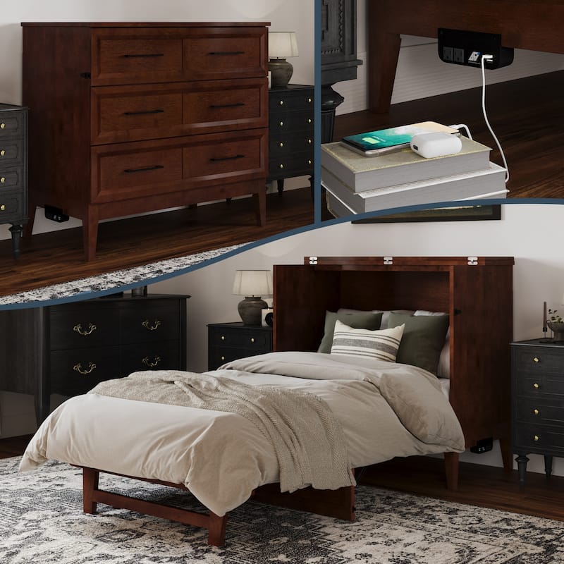 Santa Fe Murphy Bed Chest with Mattress and Built-in Charger - Walnut - Twin