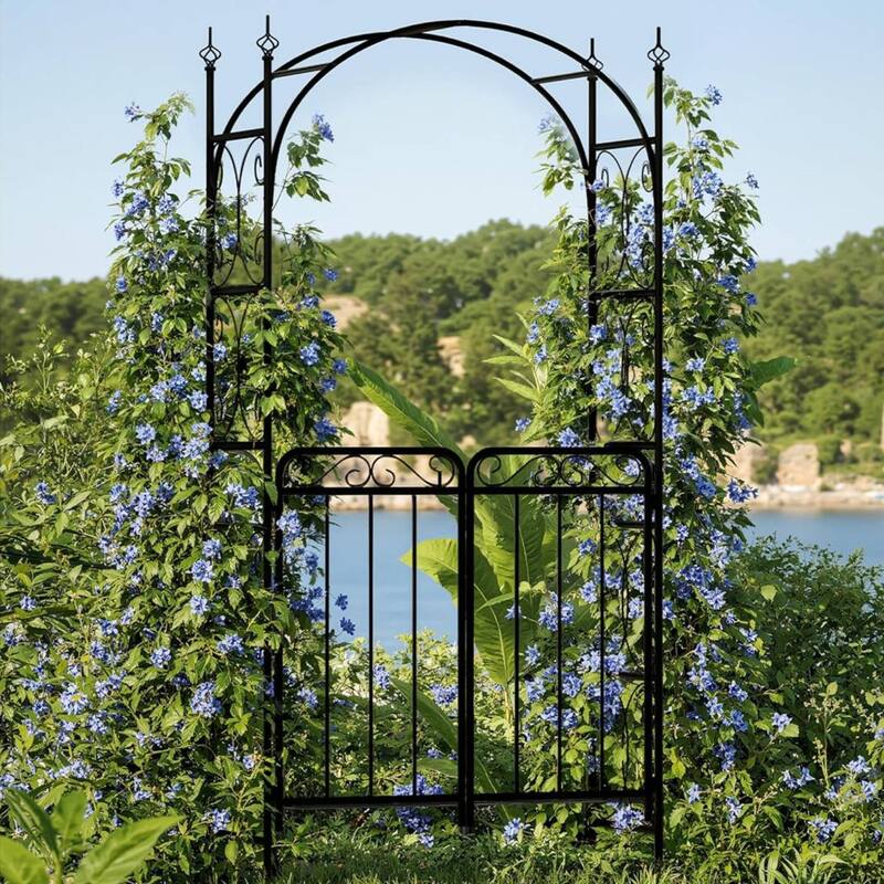 Garden Arch Arbor with Gate for Climbing Vines, Wedding - Black
