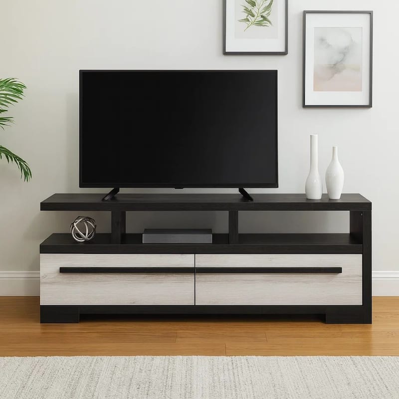 Ruthe TV Stand Media Cabinet with 2 Drawers, Shelves, Black and White Wood