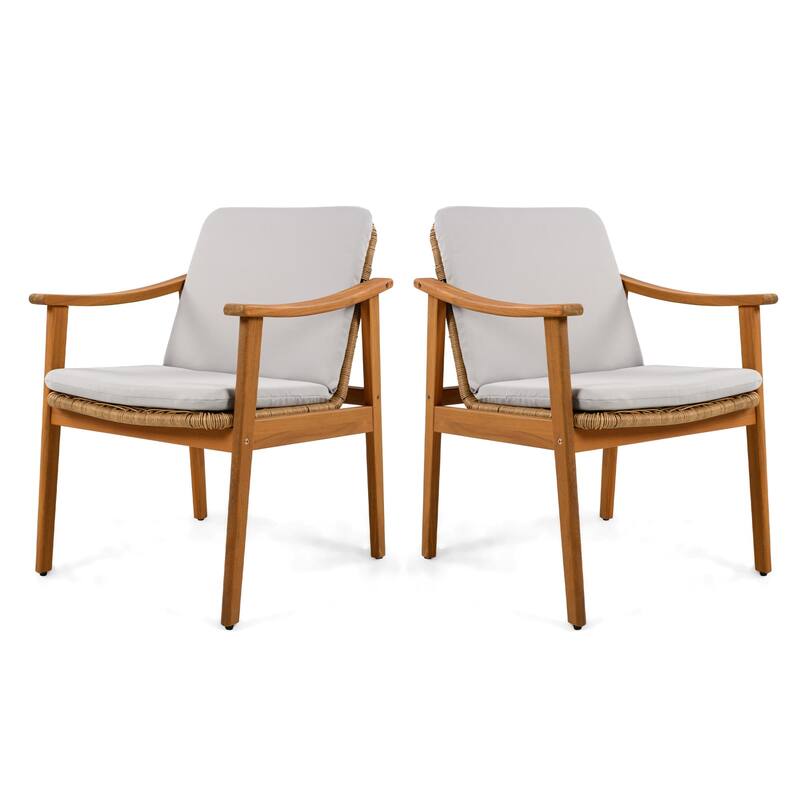 Set of 2 Outdoor Acacia Wood and Wicker Dining Chairs with Cushions