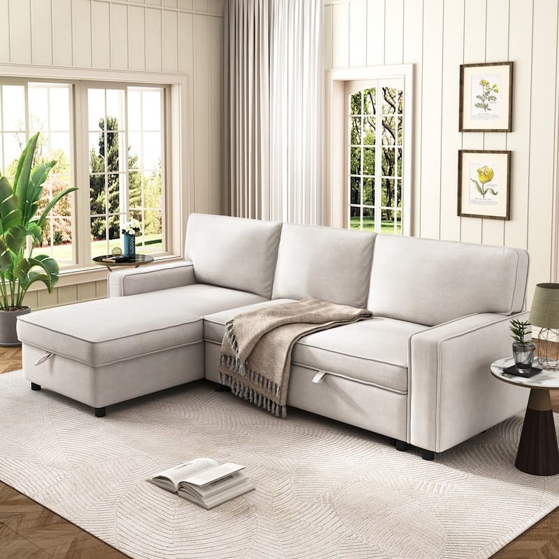 L-shaped Reversible Sleeper Sectional Sofa with Storage Space - Beige
