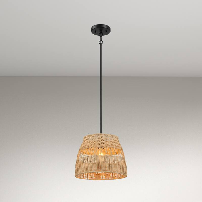 Vina Natural 1-Light Rattan Pendant Light with Black Metal Finish