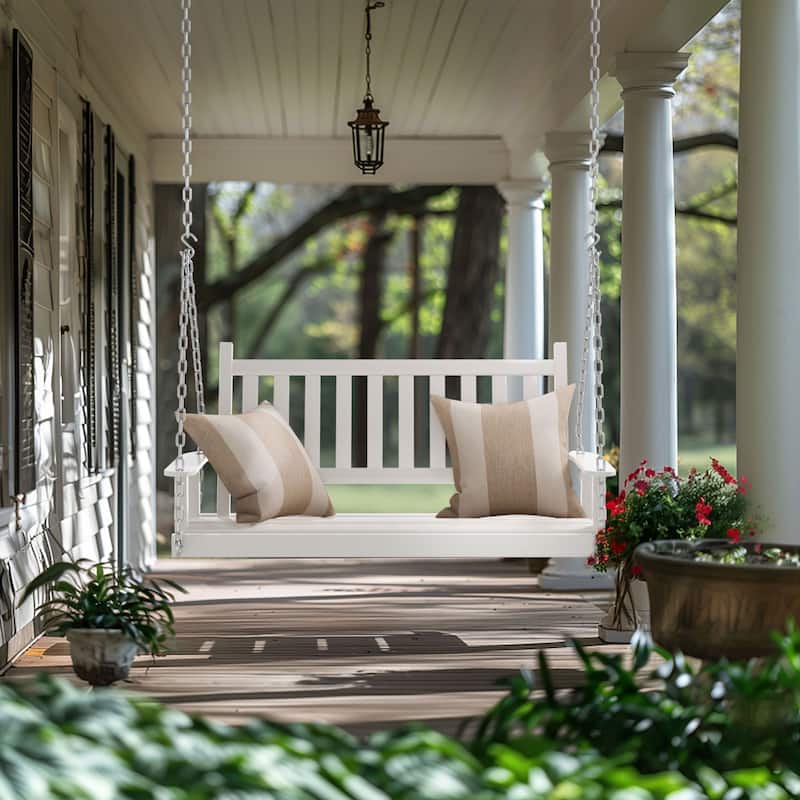 VEIKOUS 4 ft. Outdoor Wood Hanging Patio Porch Swing with Chains for 2 Person - White