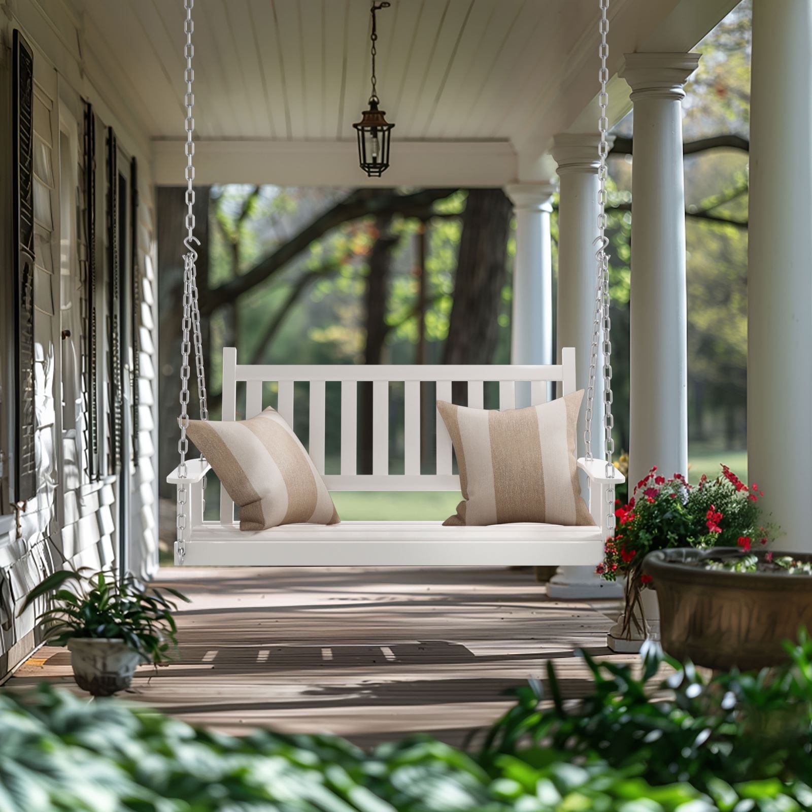 VEIKOUS 4 ft. Outdoor Wood Hanging Patio Porch Swing with Chains for 2 Person