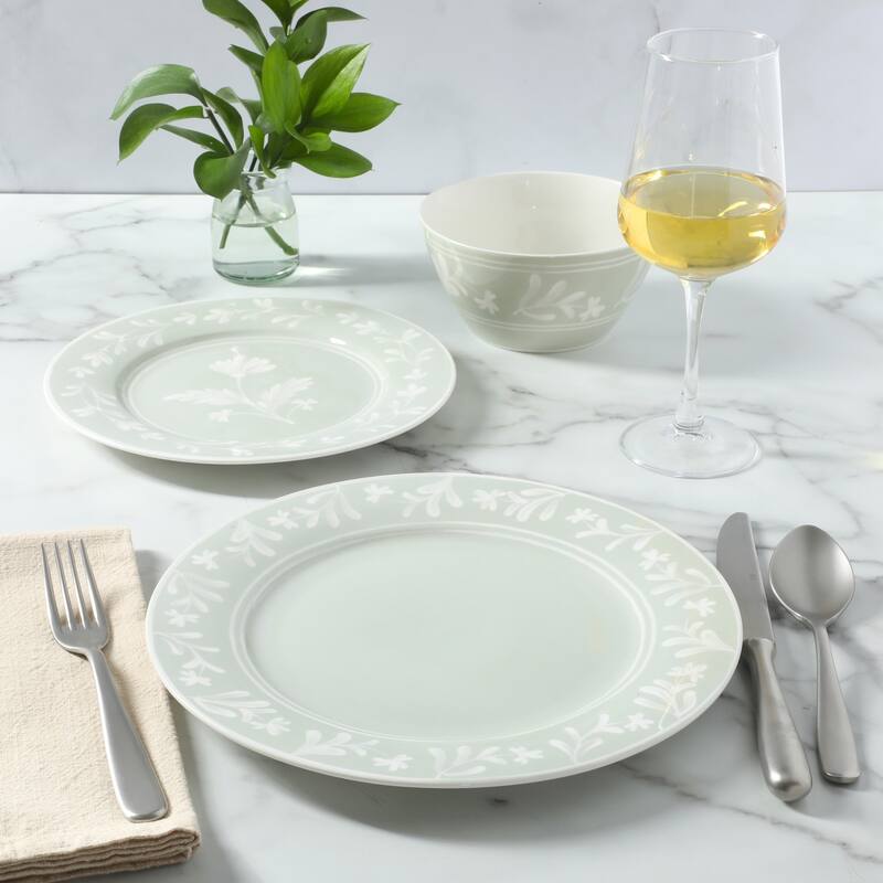 Martha Stewart Maiden Crown 12-Piece Dinnerware Set - Vegan Bone China Ceramic Plates & Bowls - Floral Design - Service for 4