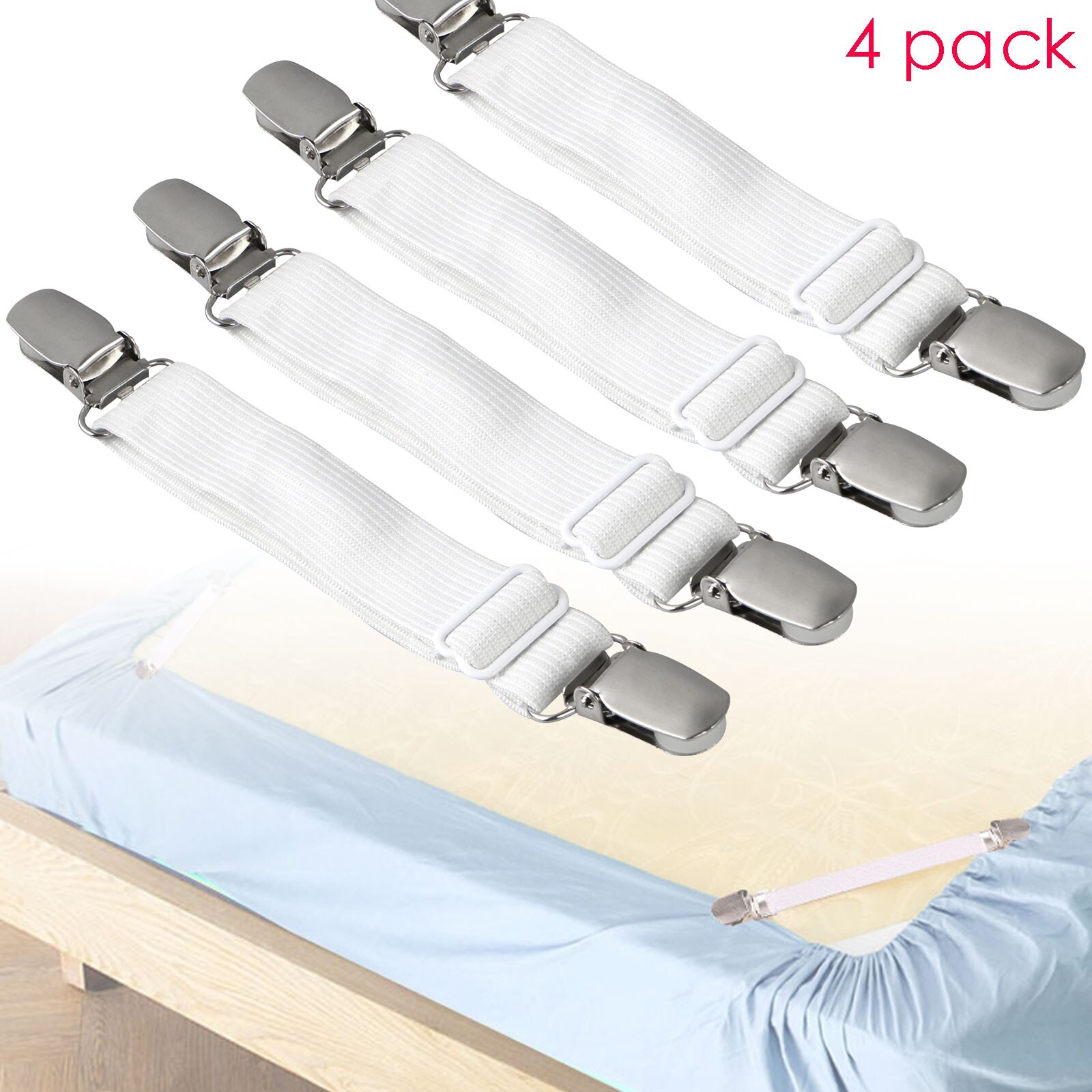 Elastic Suspenders *NEW* 4 Packs Bed Sheet Straps Fasteners with Metal Clasp Elastic Suspenders *NEW* 4 Packs Bed Sheet Straps Fasteners with Metal Clasp