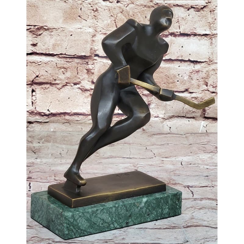 Bronze Metal Hockey Player Trophy Sculpture Statue Figurine On Marble Base