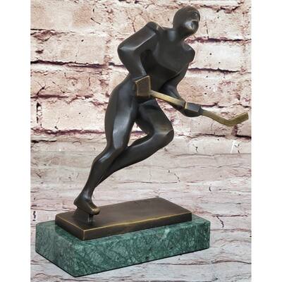 Bronze Metal Hockey Player Trophy Sculpture Statue Figurine On Marble Base