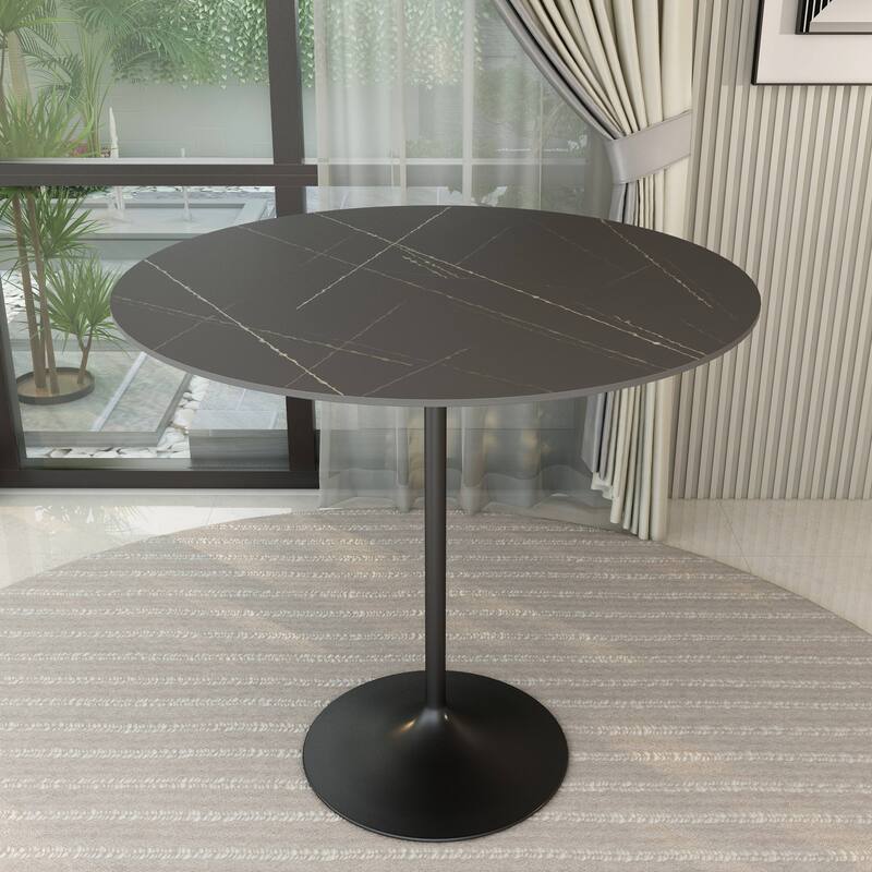 LeisureMod Verve 48" Round Dining Table with Sintered Stone TableTop and Black Steel Base for Kitchen & Dining Room