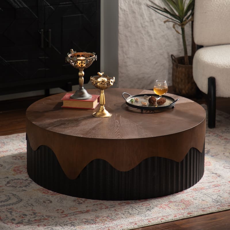 38.97" Round Coffee Table Handcrafted Relief Sturdy Pedestal Wooden Tea Table for Living Room no need to Assemble - Black+Walnut