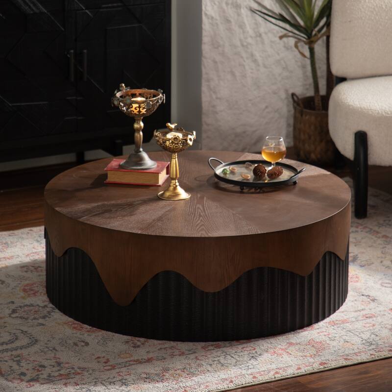 Round Accent Table Tea Table, Wood Coffee Table with Bark Texture, Handcrafted Side Table Sofa Table