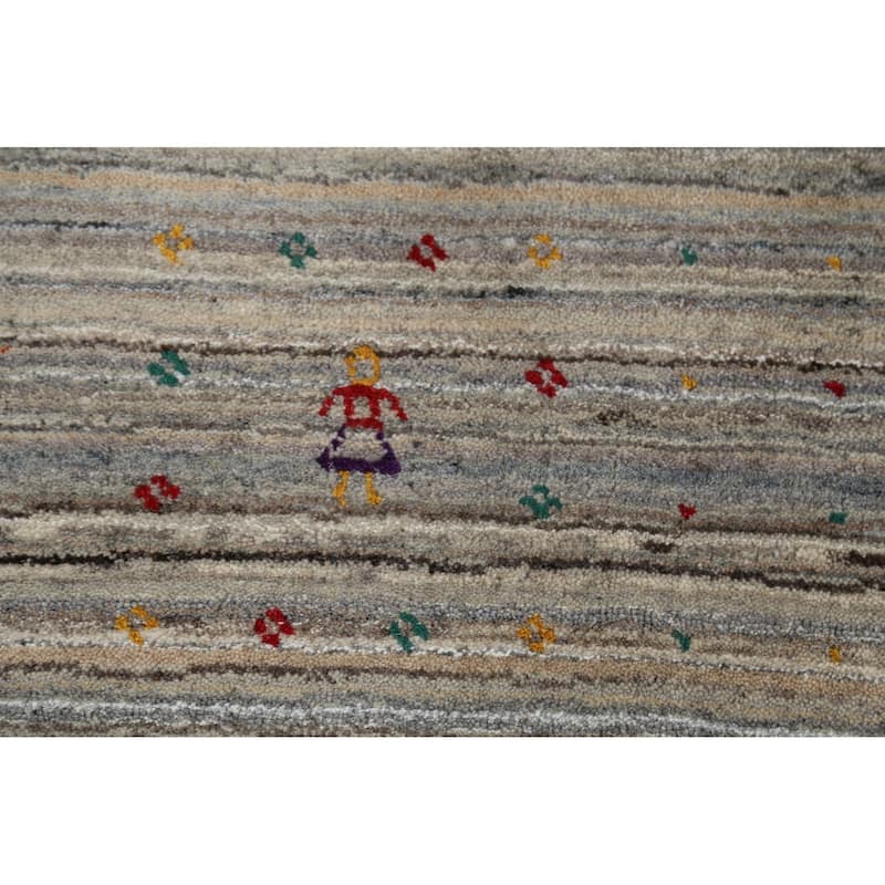 Striped Gabbeh Square Rug Hand-Knotted Gray Wool Carpet - 7'11"x 7'11"