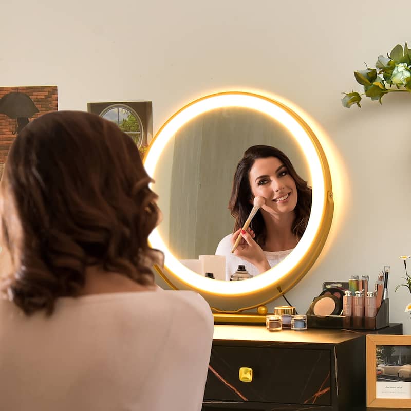 Costway Vanity Table Stool Set Dimmer LED Mirror Large Storage Cabinet - See details