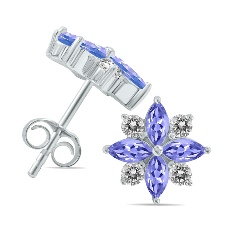 Marquee 1 Carat TW Tanzanite and Diamond Flower Earrings in 10K White Gold