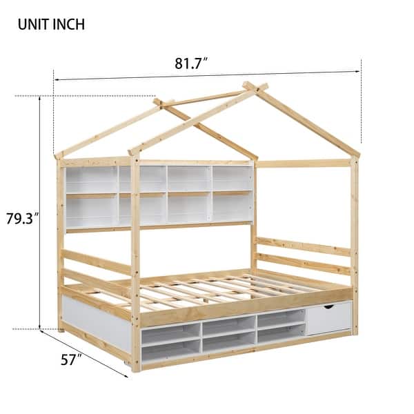 Natural Full Size House Bed with Roof Frame, Bedside-shelves, and Under Bed Storage Unit