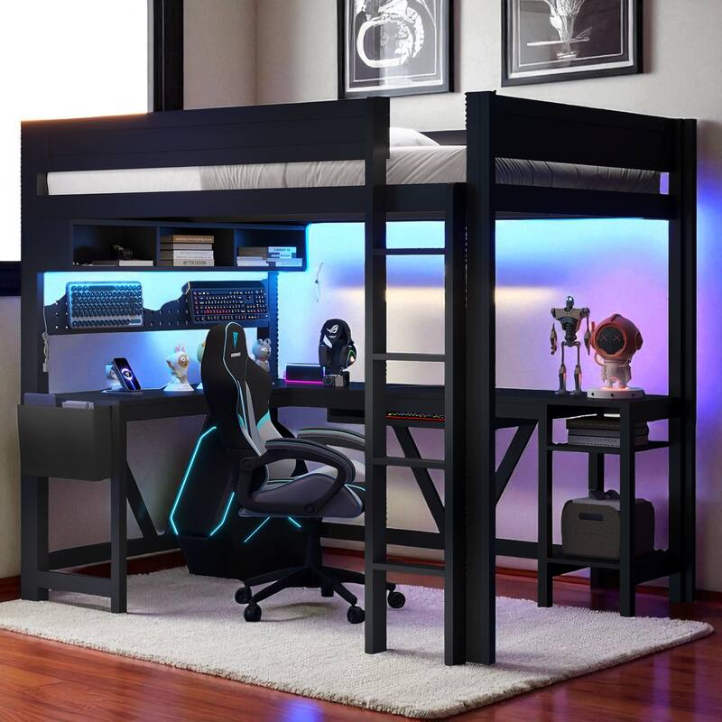 Full Size Wood Gaming Loft Bed with Desk, LED Shelves, Charging Station, Storage Shelf and Guardrails